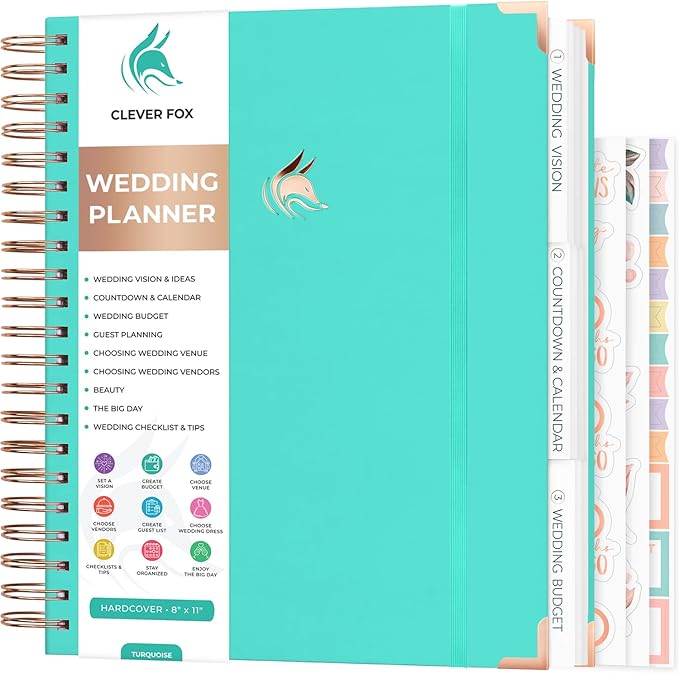 Clever Fox Wedding Planner – Notebook Organizer for Bride – Wedding Planning Binder Book with Pockets – Engagements Gift, 10x11″ (Turquoise)