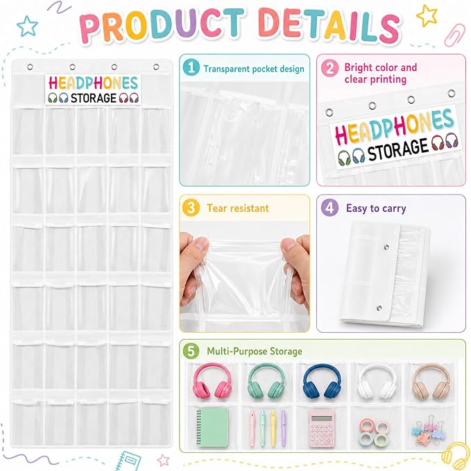 Classroom Headphone Storage Organizer Over the Door Hanging Headphone Storage Bag 30 Clear Organizer Holder Pockets with 2 Stickers 4 Hooks for School Cell Phone Calculators Organization Supplies