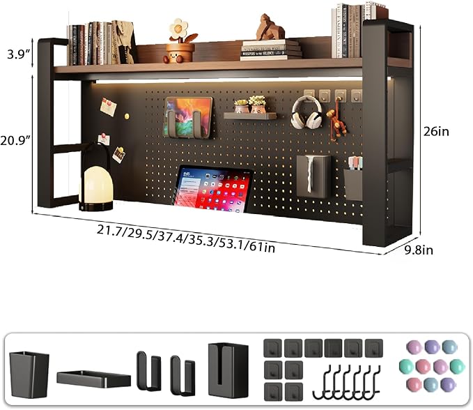 Desk Shelf Organizer for Top of Desk – Desktop Bookshelf with Pegboard & Storage Accessories, Adjustable Hutch for Dorm or Office, Steel Frame Display Shelf, N Black frame + black board 45.3*9.8*26in
