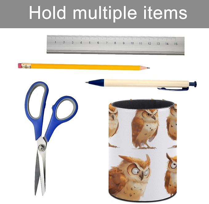 Big Wise Old Brown Owl Pencil Holder Round Pen Cup Wise PU Leather Marker Holder Makeup Brush Holders Desk Accessories Workspace Organizers for Home School Office