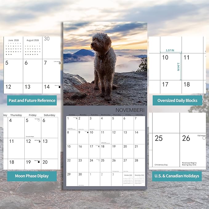 2025-2026 Wall Calendar,Goldendoodle Wall Calendar, 12" x 24" Open,Family Planner Calendar Organizer with Goldendoodle Images, for Dogs Lovers