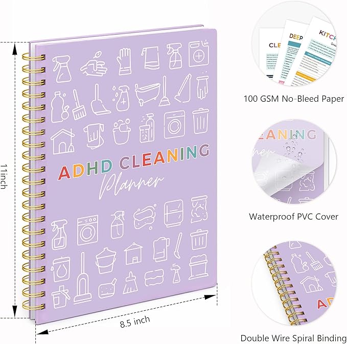 ADHD Cleaning Planner for Adults Women – Reusable Laminated Deep Clean Checklists, Gentle Daily & Weekly Cleaning System, 100 GSM No-Bleed Paper, Waterproof PVC Cover, Spiral Bound Calendar Planner for Overwhelmed Homes