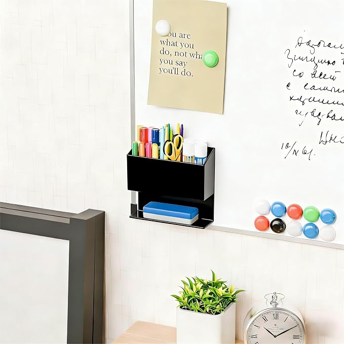 Yieach Magnetic Dry Erase Marker Holder for Whiteboard,Non-Slip Magnet Expo Marker Holder and Magnetic Cup for Dry Erase Markers,Acrlic Pencil Pen Holder for Locker,Classroom,White Board,Office,Black