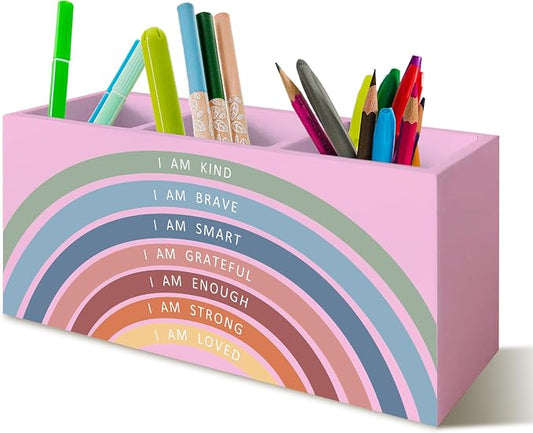 Boho Rainbow Positive Affirmations Pen Pencil Holder for School Classroom Office Desk, I Am Kind Brave Smart Inspirational Makeup Brush Toothbrush Holder Organizer for Bathroom Vanity（Pink）