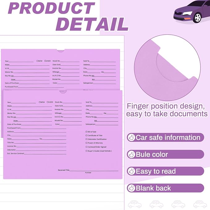 Watersay 120 Pcs 9 x 12 In Vehicle Dealer Jackets for Car Sales 32lb Colored Printed Deal Envelopes Dealership Supplies File Jackets Automotive Folders for Car Dealerships (Classic,Purple)
