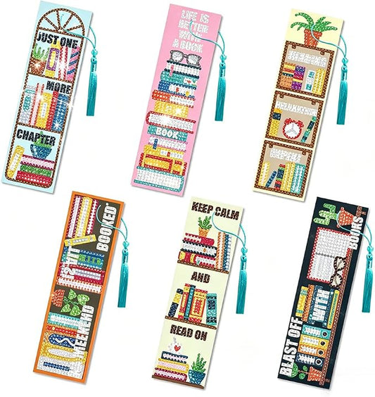 6Pcs Reading 5D Diamond Art Bookmarks Shelves Books Motivational Diamond DIY Painting Bookmarks Rhinestones Beaded Acrylic Tassel Bookmark for Adult Beginner Crafts