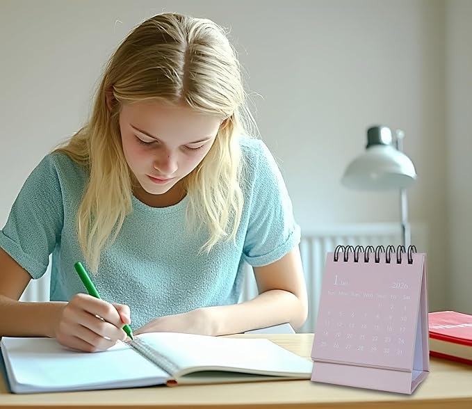 Mini Desk Calendar 2026-2027, January 2026 until July 2027, Small Desk Calendar Standing Flip Monthly Calendar Twin-Wire Binding with Stickers for Home Office School (Pink)