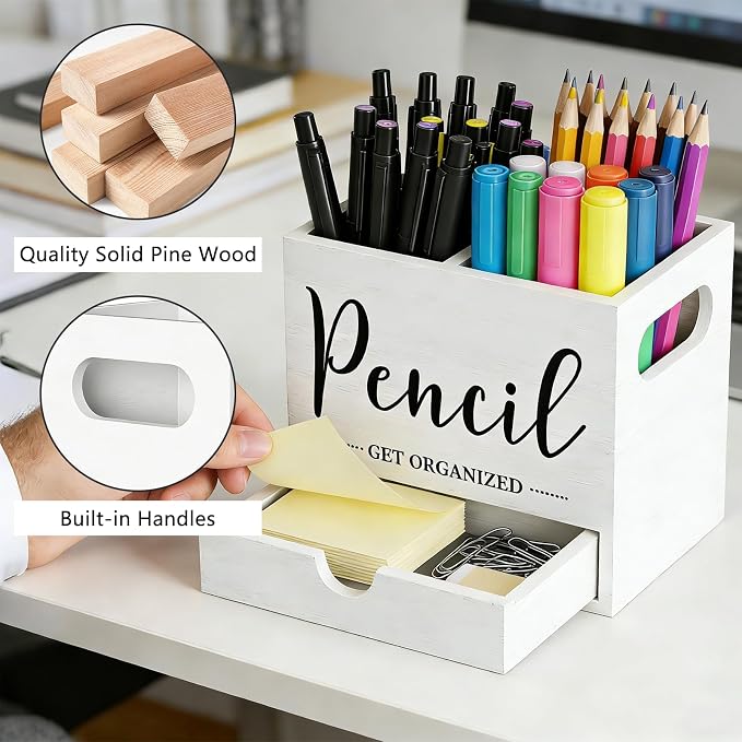 Pencil Holder with 1 Drawer, Multi-Functional Pen Holder for Desk, Desk Organizers and Accessories with 2 Compartments, Desktop Organizer for Office Home Art Supplies(White)