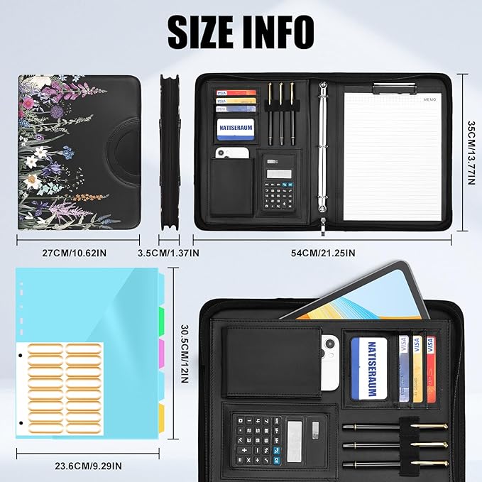 Portfolio Binder 3 Ring Includes Pen and 5 Dividers with 10 Pockets, Padfolio Organizer with Magnetic Handle for Men and Women, Includes A4 Notepad for Business, School, Work