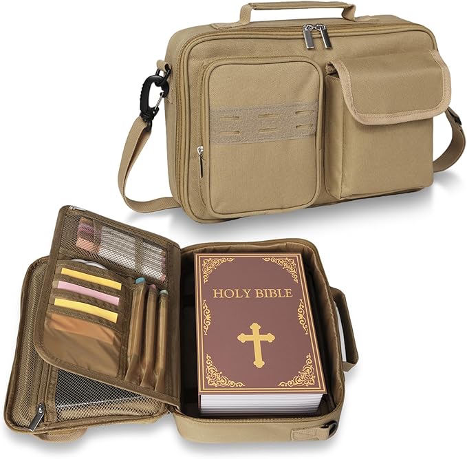 Tactical Bible Cover for Men, Bible Carrying Case with Multiple Pockets & Top Handle & Shoulder Strap & MOLLE System, Bible Bag for Church, Study, Travel, Bible Protector and Christian Gift (Apricot)