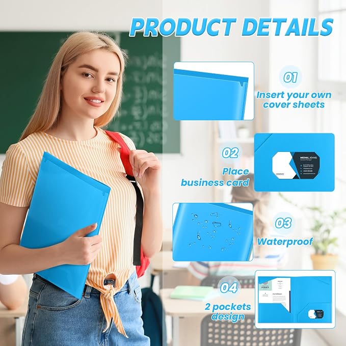 Henoyso 36 Pack Lake Blue Plastic Folders with Clear Front Pockets Heavy Duty File Folders with 2 Pockets and Card Slot for Student Communication School Office Presentation Report