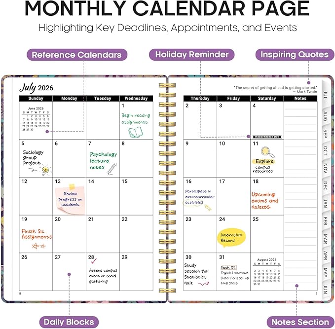 Planner 2026-2027, Academic Year Weekly and Monthly Calender Planner, from Jul 2026 - Jun 2027, Spiral Bound School Planning Book, Perfect for Teacher, Student, Women & Men, A5 (6.3" x 8.5"), Lavendar Floral