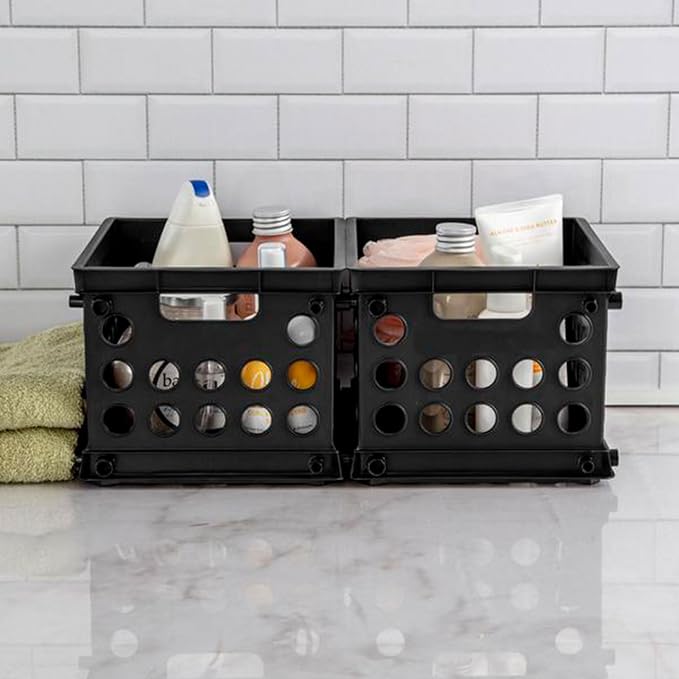 Sterilite Mini Crate, Stackable Plastic Storage Bin with Handles, Organize Home, Garage, Office, School, Dorm Room, Black, 12-Pack