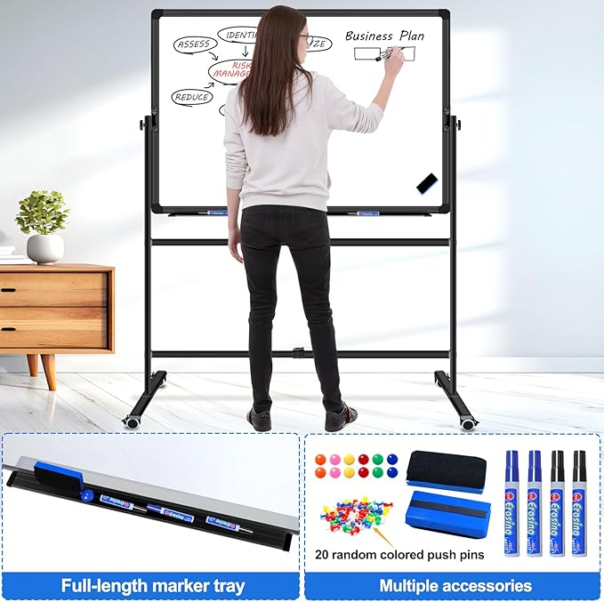 Max-officoo 40"x30" Double Sided Moblie Magnetic Dry Erase Board on Rolling Wheels, Height Adjustable & Angle Corkboard and Whiteboard with Stand