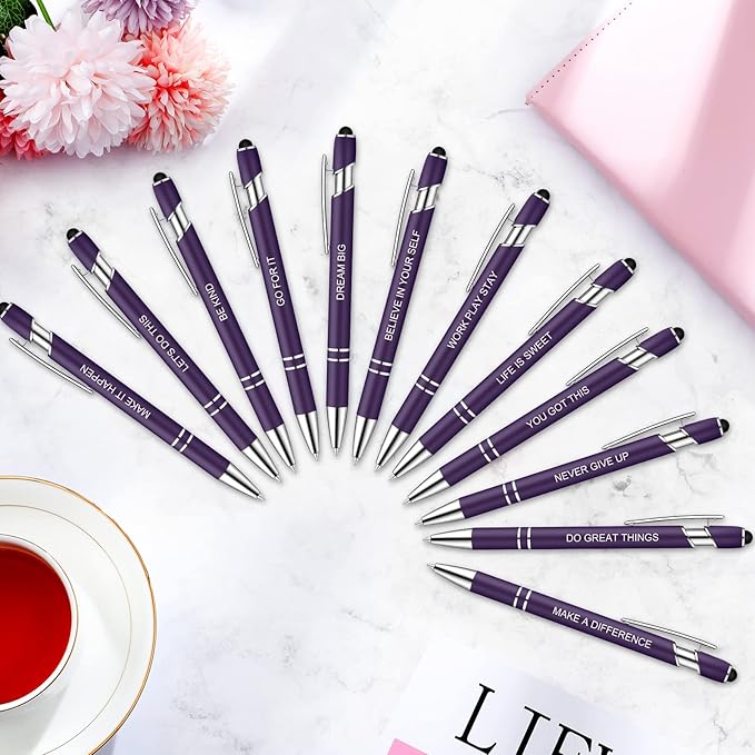 Zonon 12 Pcs Inspirational Pens Gift Set Funny Ballpoint Pen with Stylus Tip Motivational Graduation Gifts Bulk for Teacher Coworkers Nurse School Office Supplies(Dark Purple,Motivational Style)