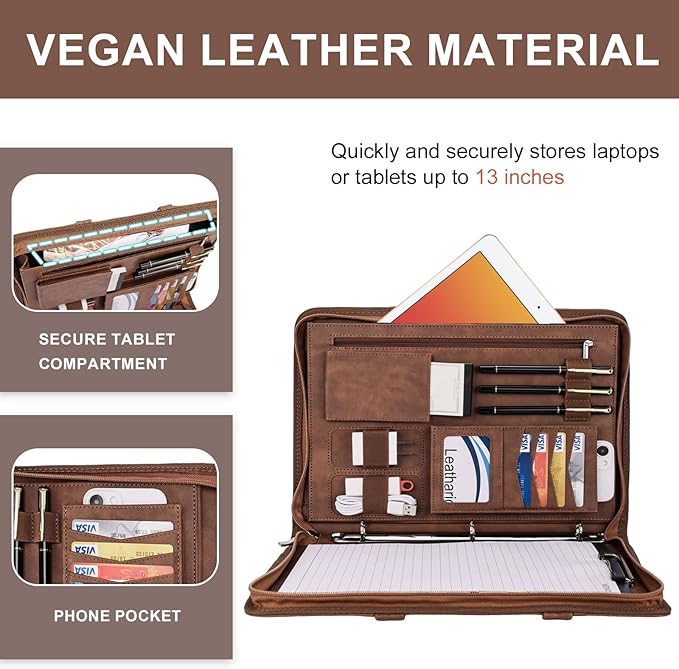 Leathario Portfolio Binder, Includes 5 Folder Index Dividers, 13 Inch Tablets Organizer with Handle, Vegan Leather A4 Padfolio, Multi-Pocket Notepad Business Planner Professional Document