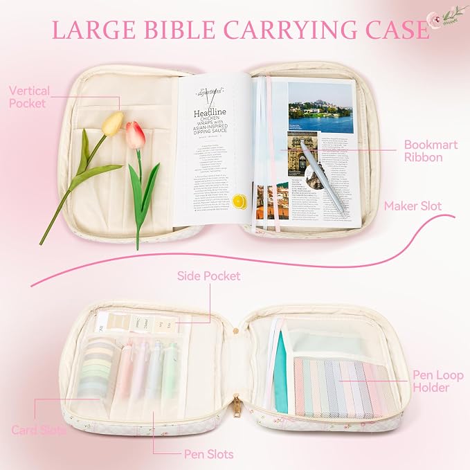 Bible Cover Case for Women Large Quilted Bible Carrying Bag with Handles Bible Study Supplies & Accessories Christian Gifts for Women(Cotton-Pink Patchwork, M)