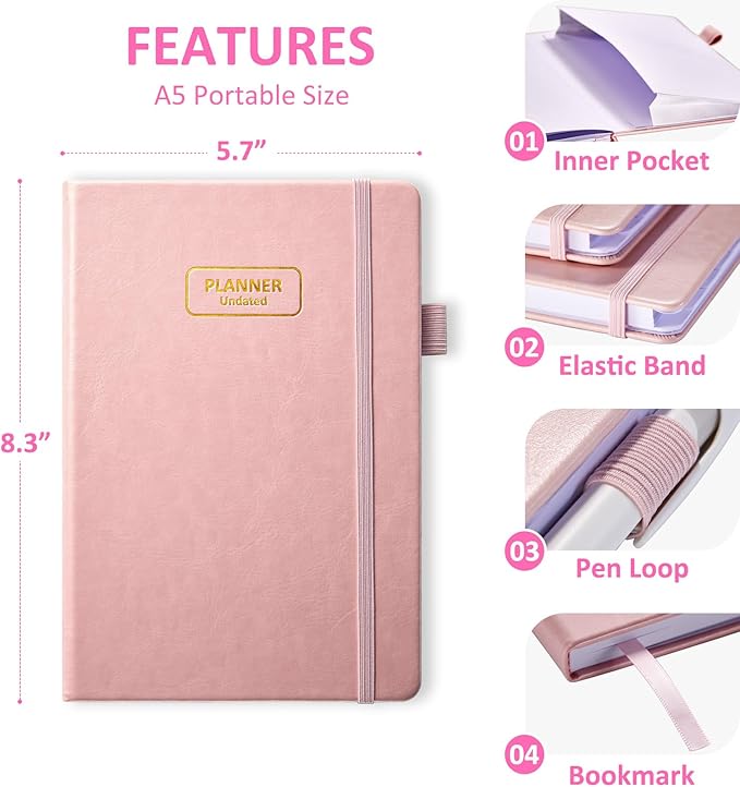 Comkiso Undated Weekly and Monthly Planner with Adhesive Tabs, A5 Dateless Academic Planner for Women & Men Daily Planning, Hardcover Leather All In One Planner for Home School Work Organizer (Pink)