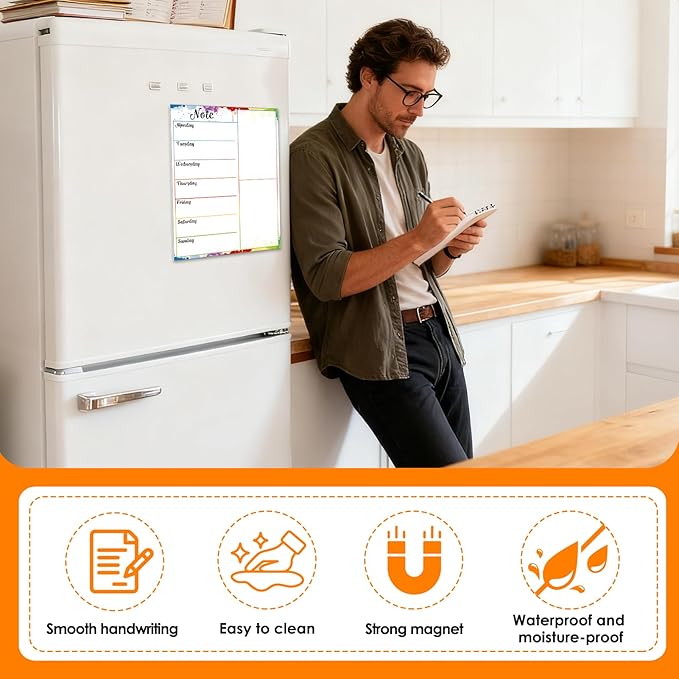 Magnetic Weekly Meal Planner for Refrigerator, 8x12'' Dry Erase Menu Board, Stain Resistant Whiteboard, Strong Magnetic Backing, Ideal for Families, Students, Roommates, Notes, Grocery Lists (C)