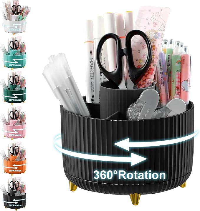 Cayxenful Pencil Holder For Desk,5 Slots 360°Degree Rotating Desk Organizers And Accessories,Desktop Storage Stationery Supplies Organizer, Cute Pencil Cup Pot For Office, School, Home (H-Black)