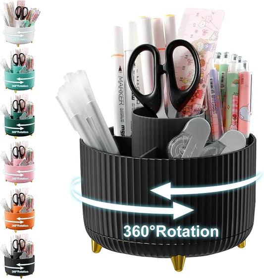 Cayxenful Pencil Holder For Desk,5 Slots 360°Degree Rotating Desk Organizers And Accessories,Desktop Storage Stationery Supplies Organizer, Cute Pencil Cup Pot For Office, School, Home (H-Black)
