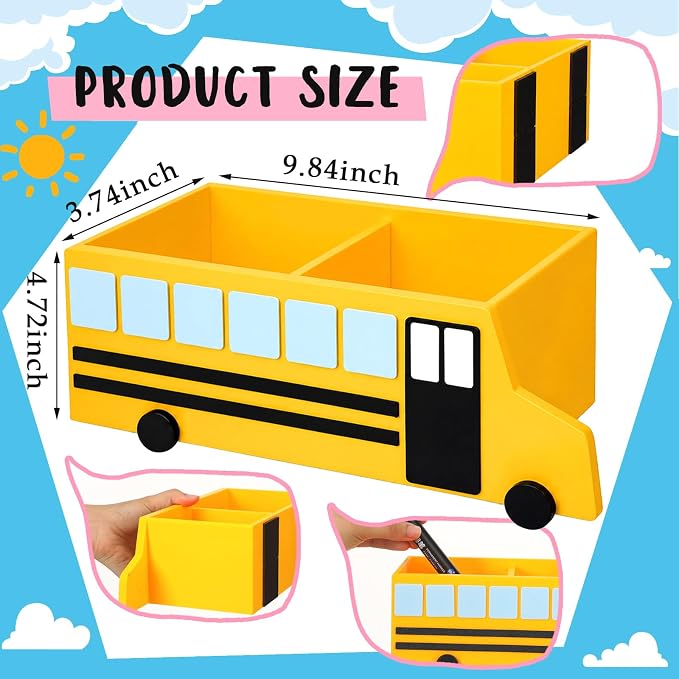 ReliThick Teacher Magnetic Pen Holder Magnetic School Bus Desk Organizer, Teacher Appreciation Gifts, Dry Erase Marker Holder with 4 Strong Magnets, Classroom Decor & Storage Bin
