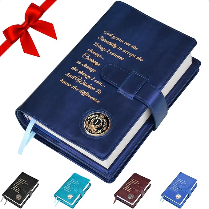 GALILEO® Double AA Big Book Cover & 12 Steps & 12 Traditions | AA Gift | Alcoholics Anonymous | PU Leather | Coin Holder | AA Book Covers (Serenity Prayer/Coin Pocket/Royal Blue Metallic)