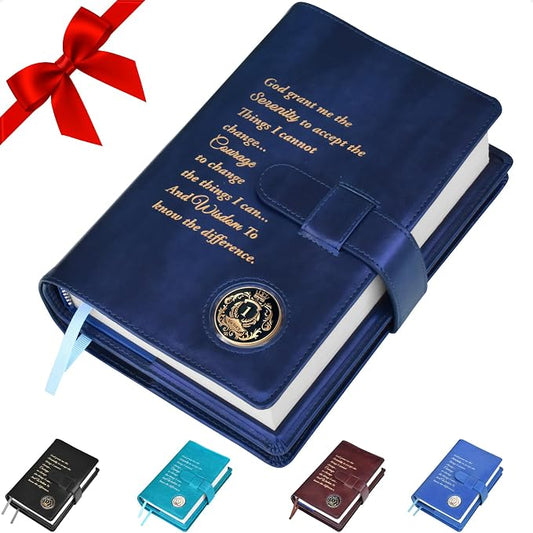 GALILEO® Double AA Big Book Cover & 12 Steps & 12 Traditions | AA Gift | Alcoholics Anonymous | PU Leather | Coin Holder | AA Book Covers (Serenity Prayer/Coin Pocket/Royal Blue Metallic)