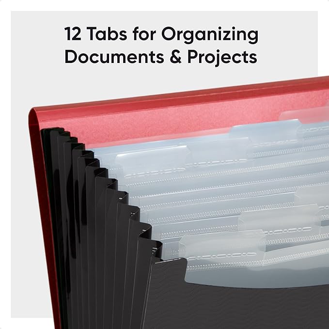 Smead Poly Frequency Expandable File Folders Letter Size, 12 Pockets, Flap & Cord Closure, Red/Black (70866) (Pack of 12)