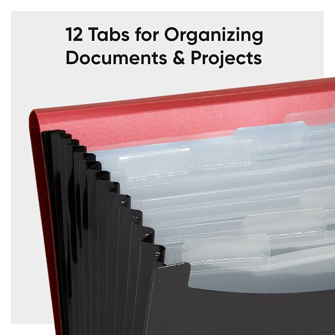 Smead Poly Frequency Expandable File Folders Letter Size, 12 Pockets, Flap & Cord Closure, Red/Black (70866) (Pack of 12)