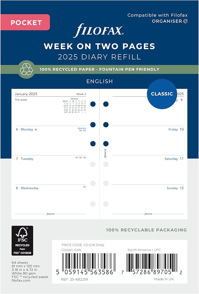 Filofax Calendar Diary Refill, Pocket Size, Week-to-View, White Paper, Unruled, English, 2025 (C68221-25)