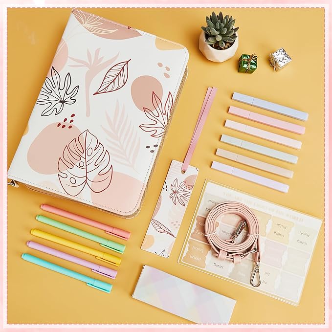 19PCS Leaves Design Leather Bible Cover for Women Boho Bible Cover Cases for Teen Girls Christmas Gift Christian Church Carrying Bag Journaling Kit with Shoulder Strap Highlighter Pens Book Marker