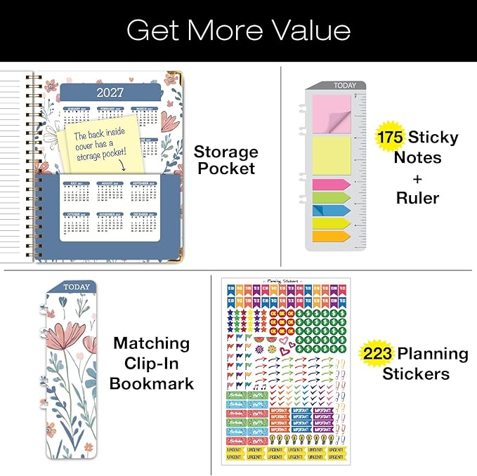 HARDCOVER Academic Year 2026-2027 Planner: 14 Months (May 2026 Through June 2027) 8.5"x 11" Daily Weekly Monthly Planner Yearly Agenda. Bookmark, Pocket Folder and Sticky Note Set (Colorful Botanicals)