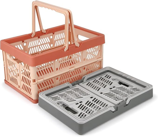 Domiella 2-Pack Foldable Storage Baskets, Collapsible PP Crates with Handles - 20L Capacity, Strong and Portable for Home Organization, Picnic and Shopping, Grey + Pink
