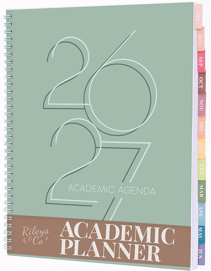 Rileys Academic Planner 2026-2027, Daily, Weekly & Monthly Planner, July 2026 - June 2027, Student Notes Pages, Twin-Wire Binding, Weekly Agenda for School & Work (8.5 x 11-Inches, Deco, Green)