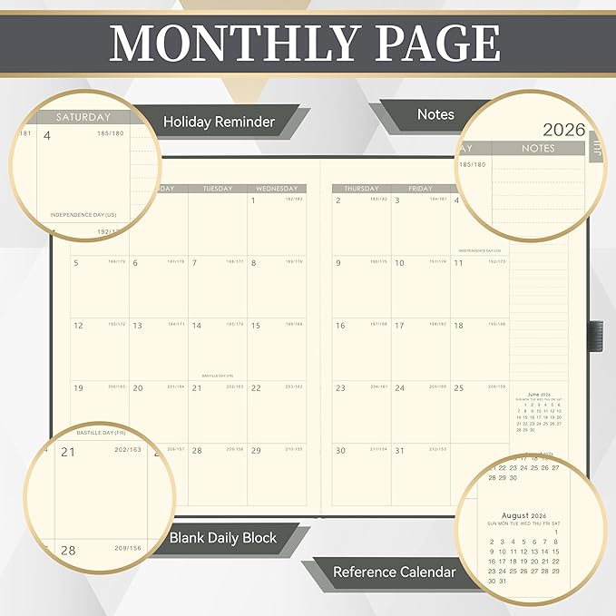 2026-2027 Planner - Weekly and Monthly Planner 2026-2027, Jul. 2026 - Jun. 2027, 9" x 11", 26-27 Calendar Planner with Inner Pocket + Elastic Closure + Pen Loop + Bookmarks, Leather Hardcover - Grey