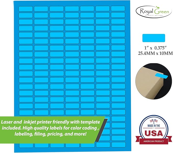 Blue Sticker Label Sheets Bulk Printable Paper Labels 1 inch x 0.375 inch - 1540 Pack, 10 Sticker Sheets for Laser/Inkjet Printers with Template Included by Royal Green