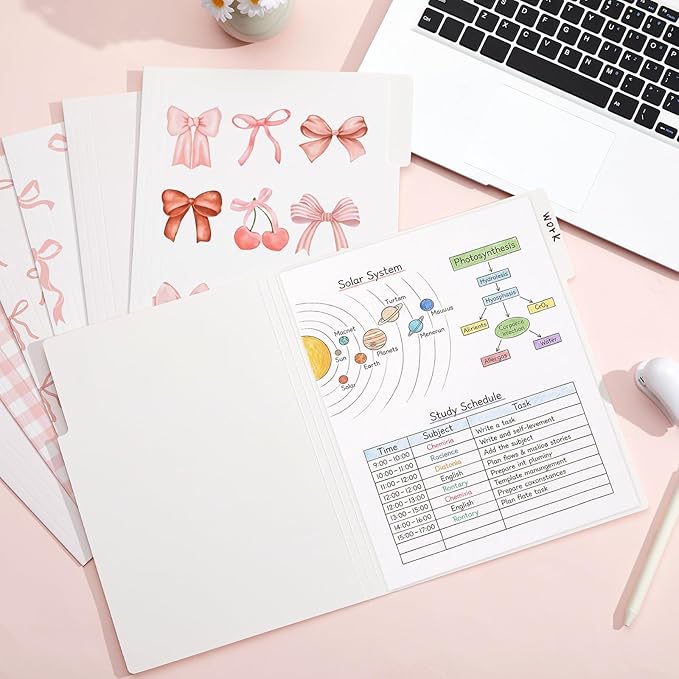 Yaomiao 12 Pcs Coquette Pink Bow File Folders, Letter Size Bowknot Plaid Decorative File Organizer with 1/3 Cut Tab, Cute Pretty Document Holder for Office Home Studyroom Birthday Gifts, 8.5 x 11 Inch