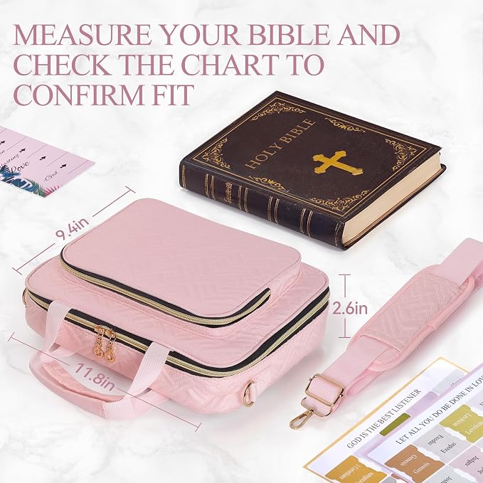 Bible Cover Case for Women Elegant Carrying Bag with Handles & Shoulder Strap Large Bible Storage Bag–Includes Bible Study Supplies, Highlighters(Pink, L)