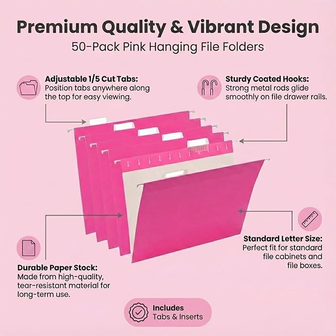 VZCPYTPM 50 Pack Hanging File Folders,Letter Size File Folder,Pink Hanging Folders for Filing Cabinet,Reinforced Rods for Smooth Gliding,Includes 1/5 Adjustable Tabs & Inserts,Ideal for Home & Office