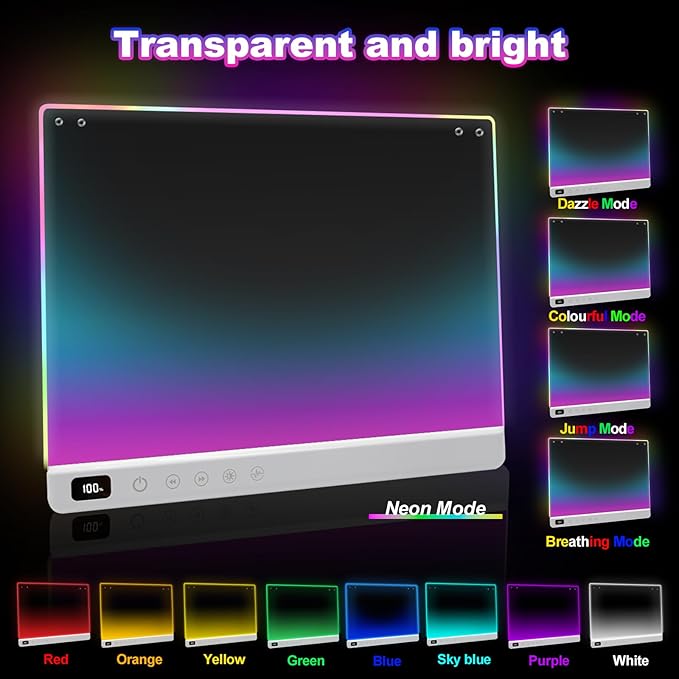 Cosmody Rechargeable LED Drawing Board for Kids, Large 16" Light Up Drawing Pad with 8 RGB Colors & 6 Dynamic Modes, Neon Art Dry Erase Board with Tracing Book & 7 Markers,Creative Gift for Girls Boys