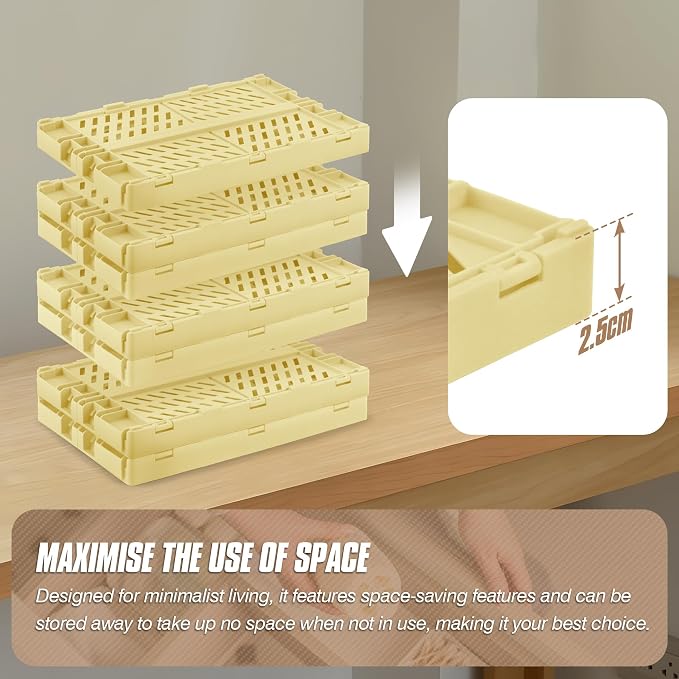 4 Pcs Collapsible Storage Crates, 10x5.9x4 inches Space-Saving Folding Containers, Stackable Plastic Boxes for Home Kitchen Office Bedroom Bathroom, Beige