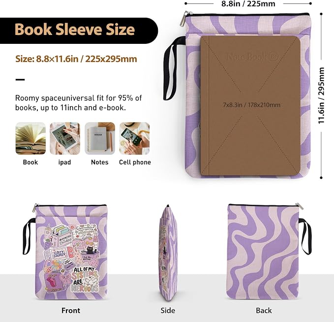 Purple Y2K Style Book Sleeve for Book Lovers, Funny Bookcover Protector for Paperbacks with Handle Pocket for Reader Bookworm Bookish, Book Club Gifts for Chritsmas, Reading Accessories for Women