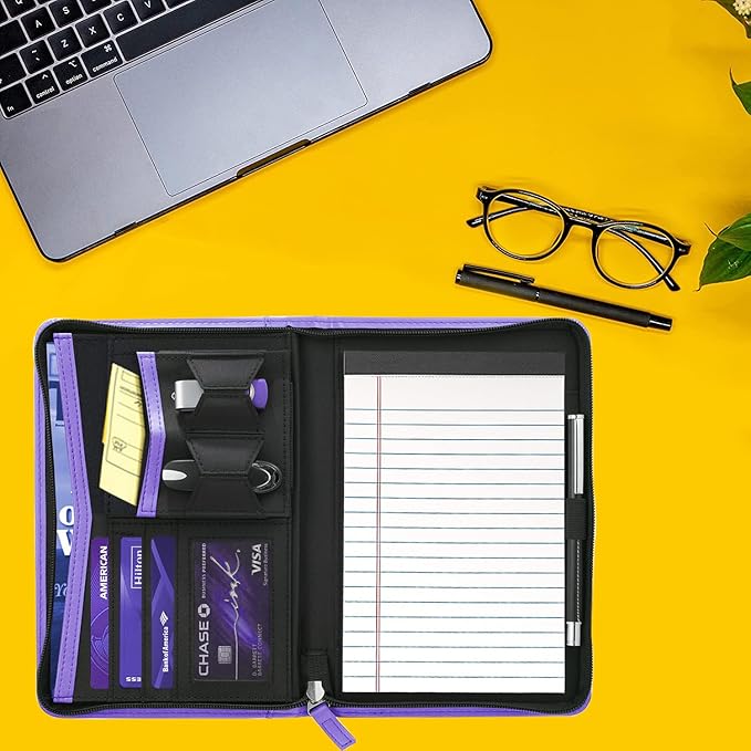 Junior Padfolio/Resume Portfolio Binder with Refillable Lined Notepad, A5 Padfolio Folder, Business Portfolio, Multi-Function Case, A5 Writing Pad Included, Purple