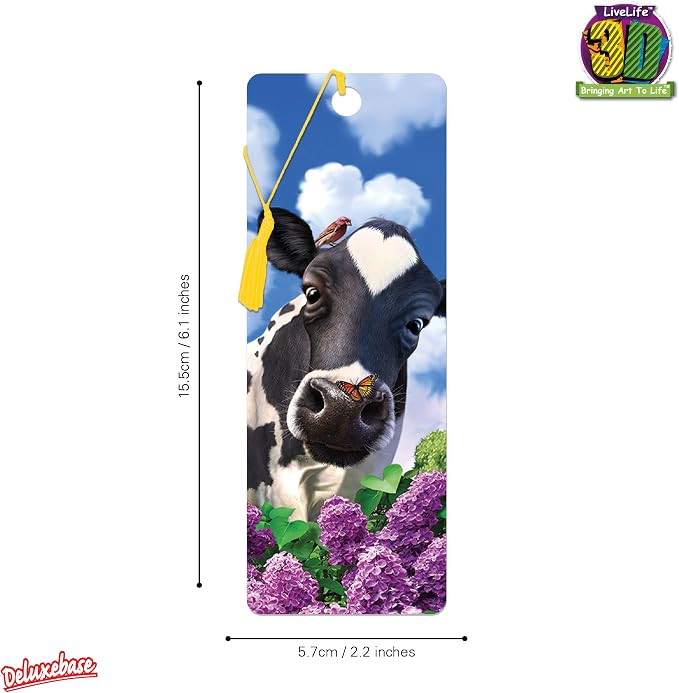 3D LiveLife Bookmark - Curious Cow from Deluxebase. Cute Lenticular Cow Page Marker. Animal Themed Accessories for Book Lovers. Small Gifts for Men, Women, Writers and Teachers.