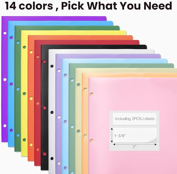 Sooez 2-Pocket Folders, Plastic Folders with Pockets 3 Hole Punched, 1 Pack Pockets Folder for 3 Ring Binder with Labels, Heavy Duty Binder Folder for Document, Letter Size File Folder,Pink