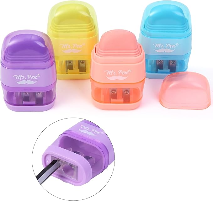 Mr. Pen- Pencil Sharpener & Eraser, 4 Pack, 2-in-1 Manual Sharpeners with Canister, 2 Sharpening Holes for Standard & Jumbo Pencils, Colorful Dual Hole Design for School, Office, Home, Kids