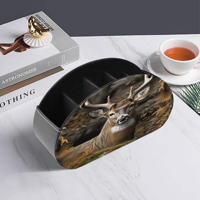Leather Remote Control Holder with 5 Compartments Camouflage Deer Remote Caddy Desktop Organizer Store TV Remote Holder Remote Organizer for Bedside Table Office Desk