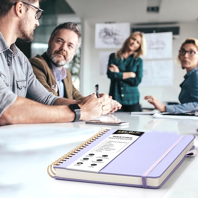 WEMATE Meeting Notebook for Work B5 (7"x10") - PU Leather Work Notebook with Agenda, Action Items & Notes - 200 Pages for Men&Women, Staff and Students, Meeting, Projects Planning - Light Purple