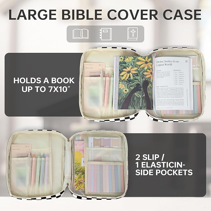 Bible Cover Case for Women Corduroy Bible Case for Girls Checkered Large Bible Cover with Handle Bible Study Supplies Accessories Christian Gifts for Women (Black, Medium)